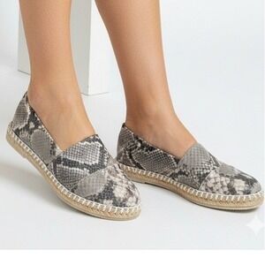Womens Snakeskin Print Espadrille 8 Platform SlipOn Flats Jute Sole Shoes NEW Lq